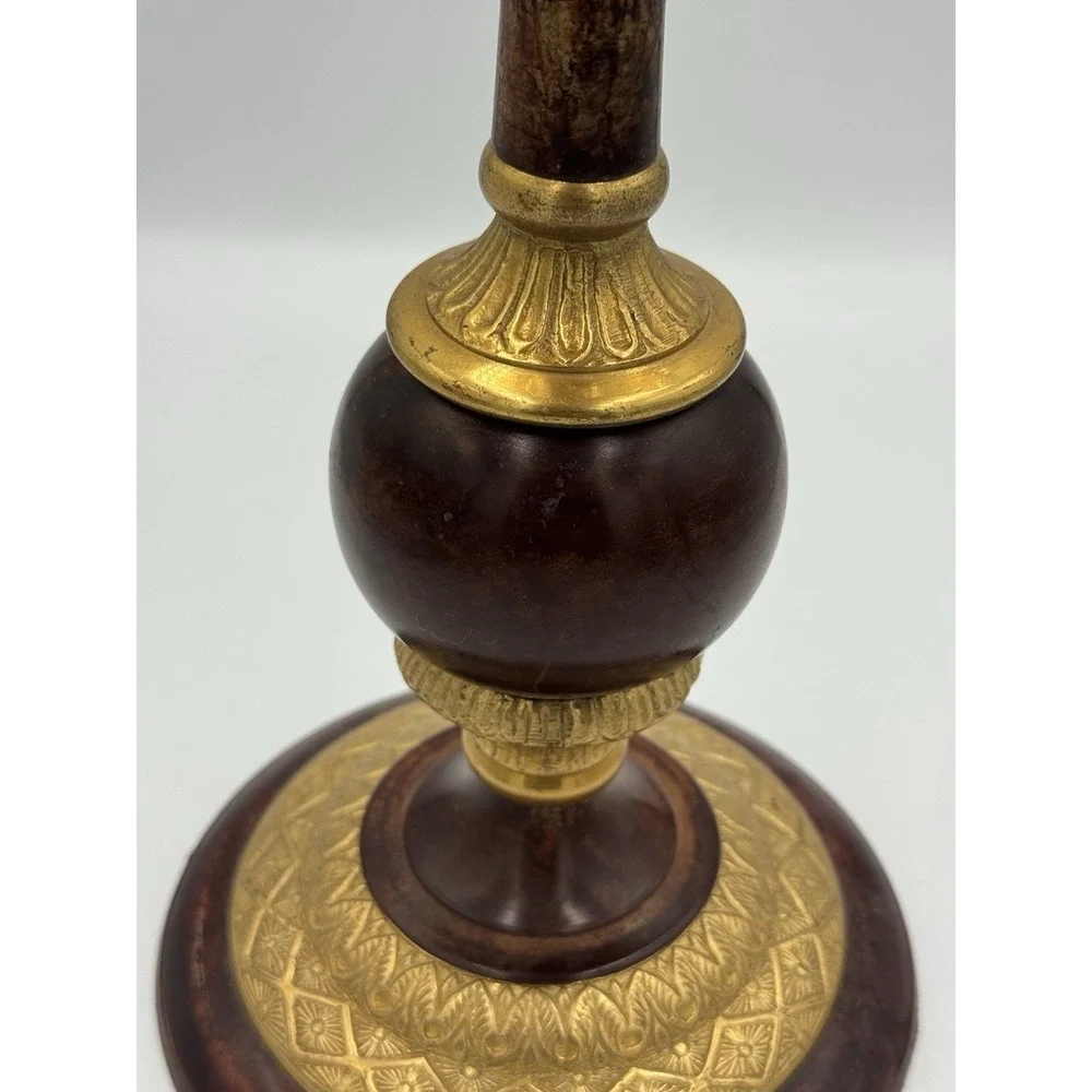 Vintage Heavy Gold Tone & Brown Candle Stick Holder With Orange Acrylic Prisms